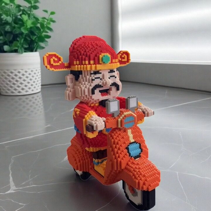 新款超大财神爷积木摩托车手工小颗粒拼装摆件解压玩具客厅礼物3d