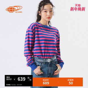 BOY女装 时尚 条纹长袖 新款 亮眼圆领内搭140534XP T恤2025冬季 BEAMS