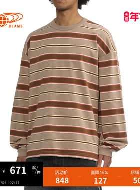 BEAMS男装条纹长袖T恤2025冬季新款复古日潮宽松圆领上衣140107XP