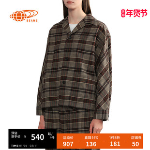 BEAMS BOY女装格纹长袖衬衫复古文艺风翻领排扣外搭上衣110138XL