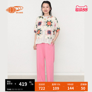 BEAMSBOY女装无领短袖衬衫新款复古民族风花上衣010092X