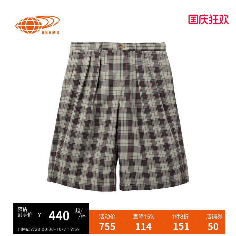 BEAMS格纹阔腿裤短裤复古日潮