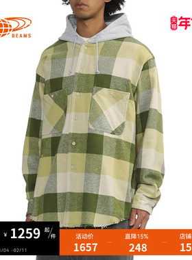 BEAMS男装格纹连帽衬衫2025冬季新款复古质感格子上衣110307XP