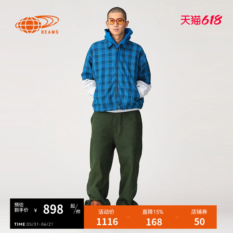BEAMS男装短袖格纹拉链夹克2026夏季新款复古型男衬衫式格子外套