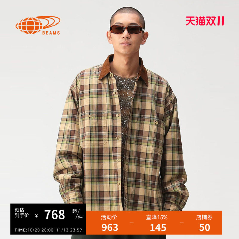BEAMS格纹长袖衬衫复古日潮