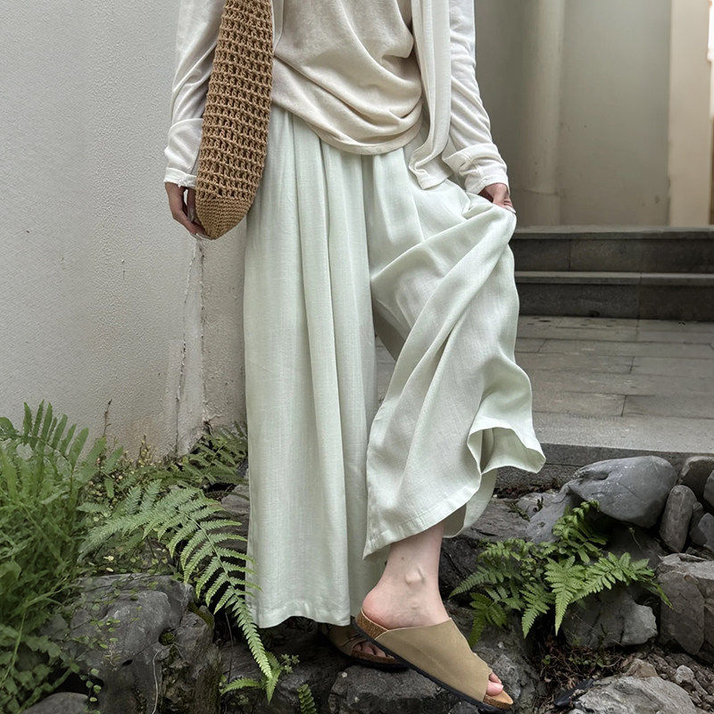 天青色棉麻阔腿裙裤女2026夏季新款老钱风高腰垂感宽松直筒休闲裤