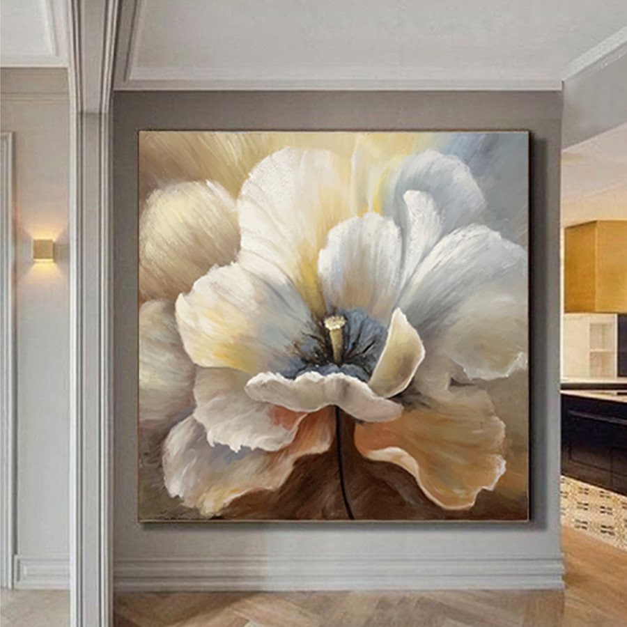 手绘油画花卉现代简约餐厅壁画欧式美式玄关过道方形暖色客厅挂画