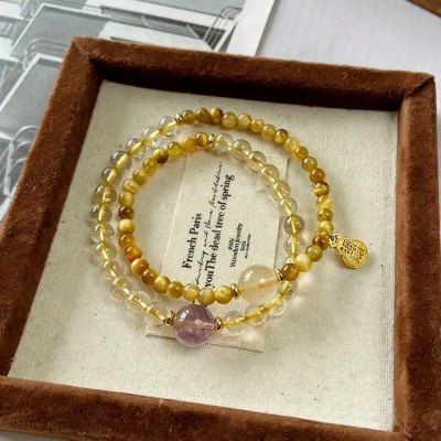 多亿多福 天然金发晶串珠双圈手链女时尚高级金虎眼紫水晶手串