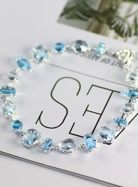 多巴胺冰蓝锆石方形彩色手链小清新甜美手串时尚百搭设计感手饰女