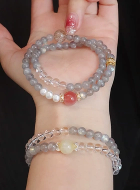 原创新款天然灰月光石双圈手串搭配盐源转运珠设计款小众高级感