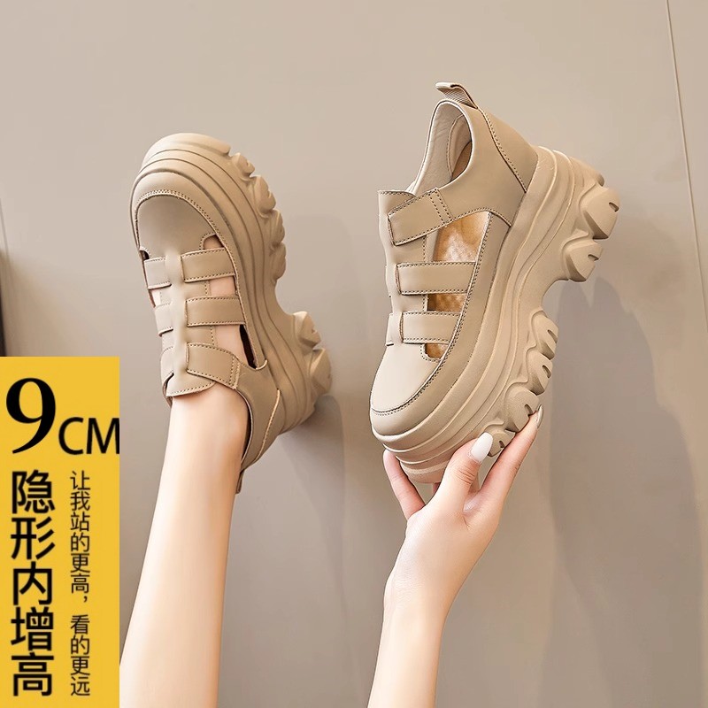 内增高罗马凉鞋女2025夏季包头厚底女式小个子松糕镂空透气老爹鞋