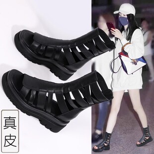 真皮镂空马丁靴女2026新款 薄款 凉鞋 透气短靴高帮厚底罗马凉靴 夏季