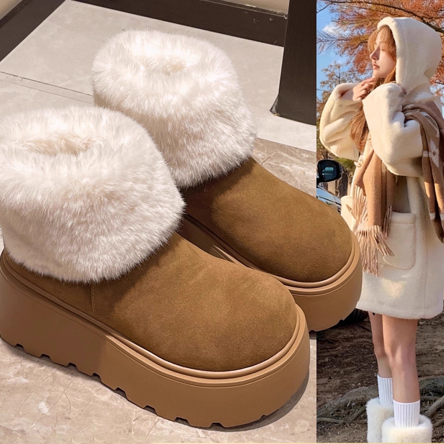 真皮厚底雪地靴女款皮毛一体棉靴
