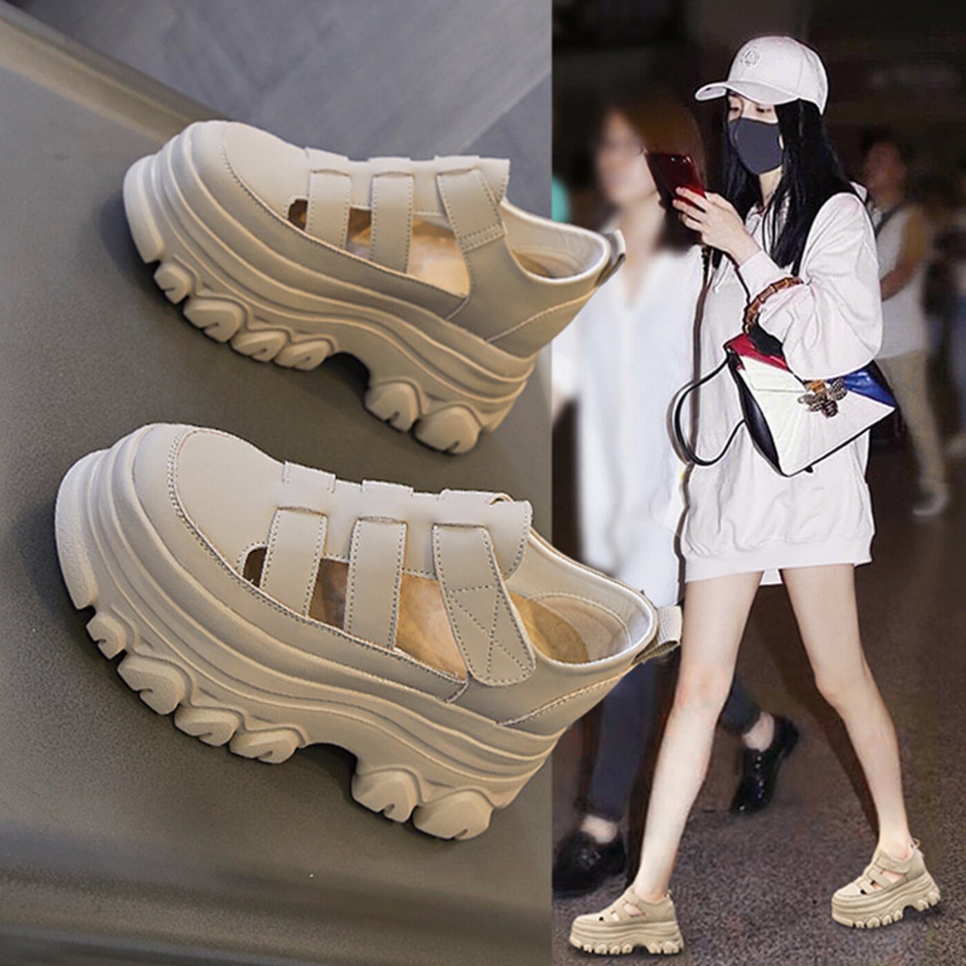 真皮包头凉鞋女款2026夏新款外穿超火休闲厚底内增高猪笼镂空女鞋