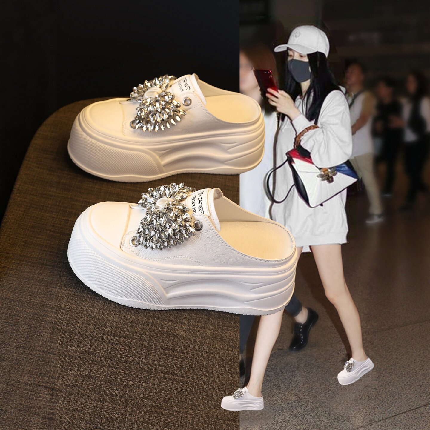 厚底包头水钻半拖鞋女款2026夏季新款百搭小个子内增高懒人小白鞋