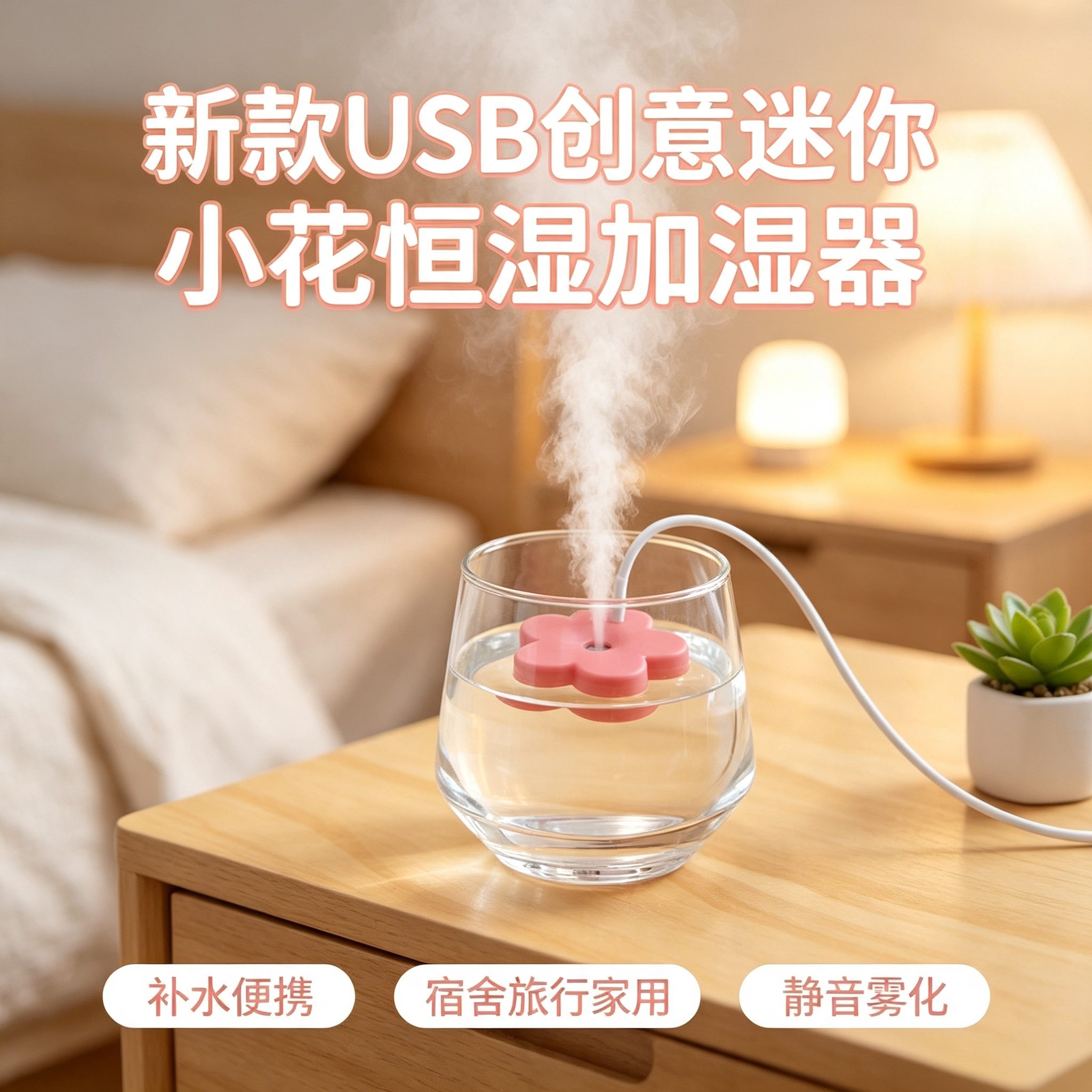 新款USB创意迷你小花恒湿加湿器补水便携宿舍旅行家用静音雾化器