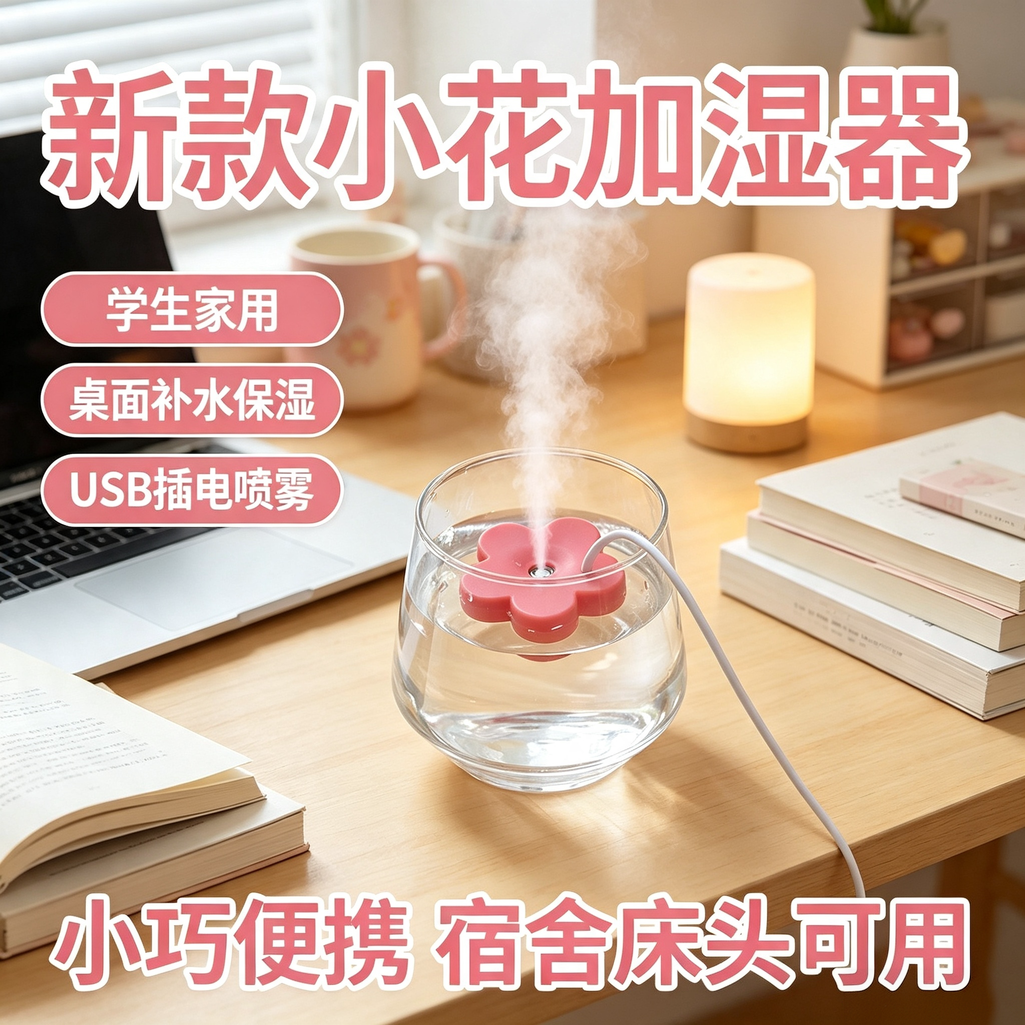 新款小花加湿器USB插电学生家用卧室空调房床头桌面补水保湿喷雾
