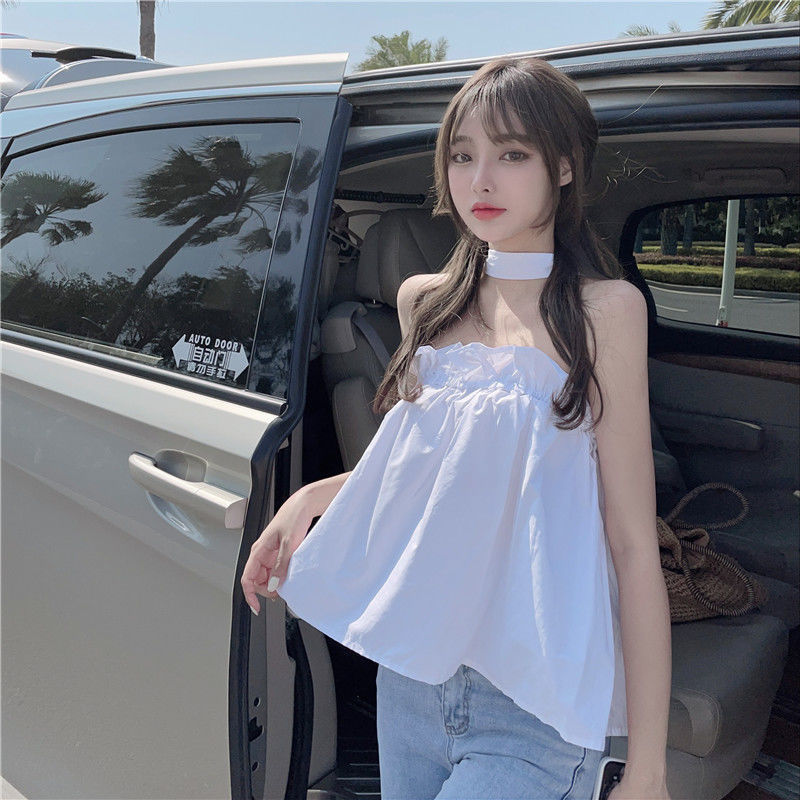 温柔少女抹胸无袖背心女娃娃衫一字肩辣妹上衣夏季设计感宽松遮肚