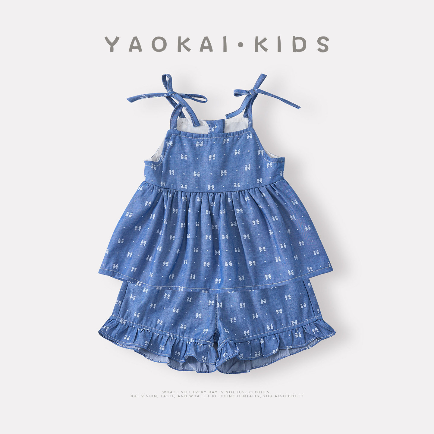 夏季薄款婴幼儿仿牛仔蝴蝶结套装女宝休闲印花吊带上衣短裤两件套