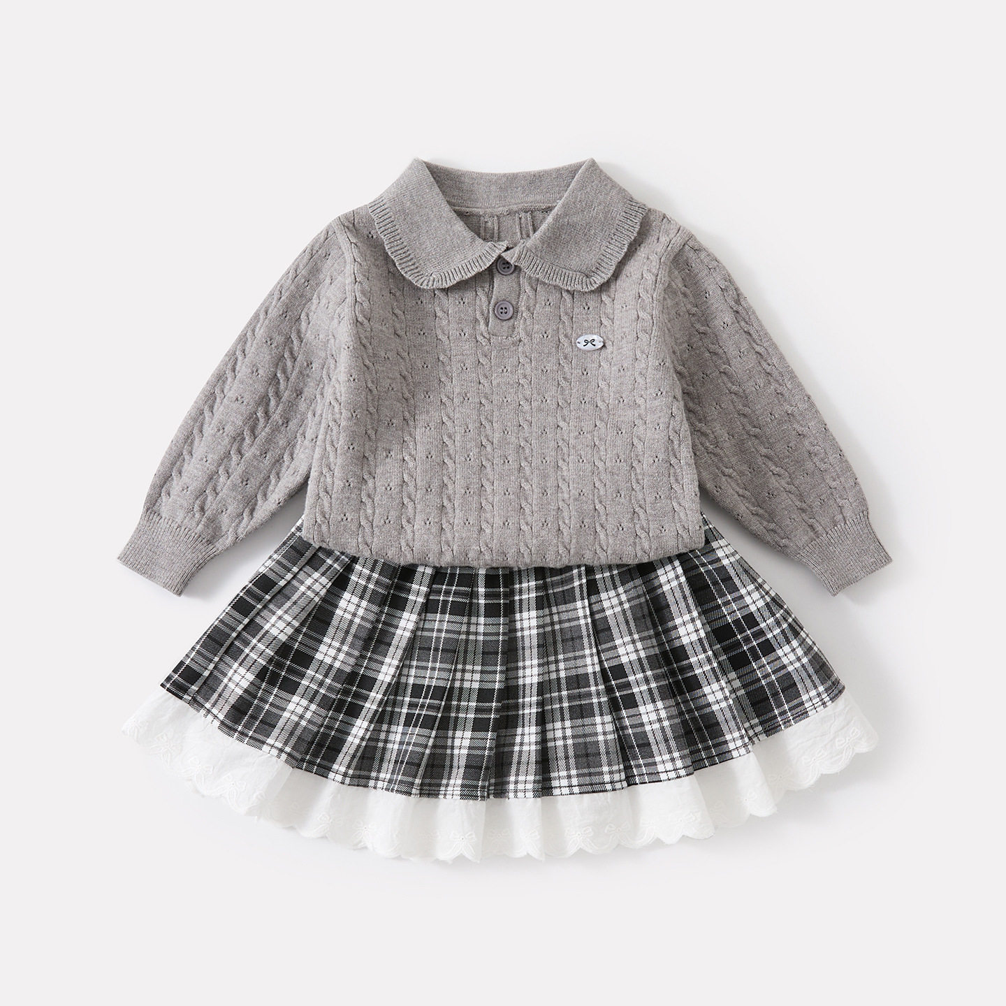 婴幼儿甜美韩系翻领毛衣女宝宝秋季新款格子蕾丝花边百褶裙两件套
