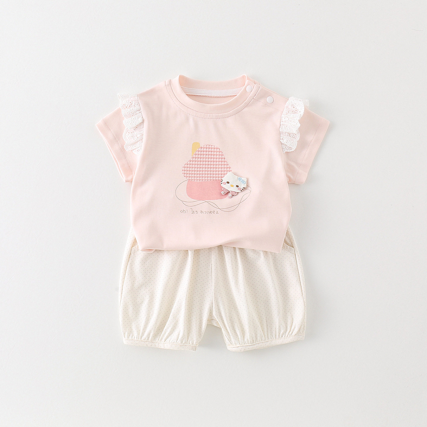 夏季女宝宝HelloKitty童装夏季套装蕾丝袖T恤波点短裤婴幼儿两件