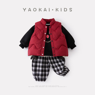 2025冬季新款婴幼儿夹棉加厚马甲套装男宝外套加绒卫衣裤子三件套