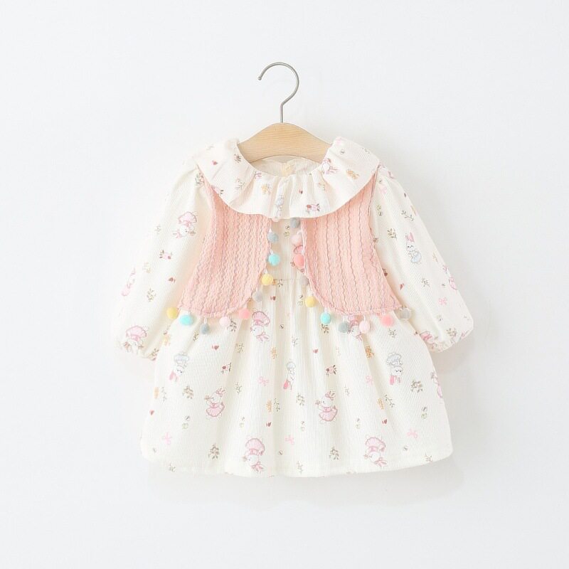 女童连衣裙春秋季婴儿童女宝宝可爱卡通小兔子球球假两件公主裙子