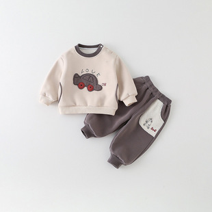 男童加绒套装秋冬款婴幼儿卡通卫衣卫裤男宝一体绒分体两件套 a类