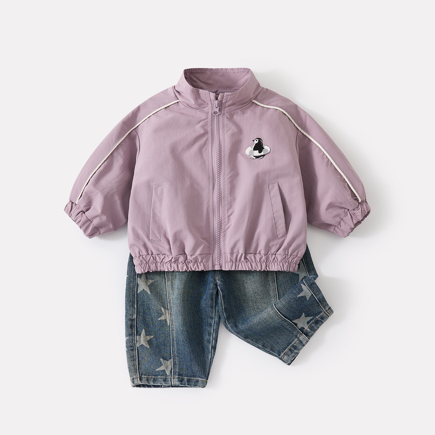 秋季新款男宝宝韩版卡通刺绣立领外套婴幼儿星星印花牛仔裤两件套