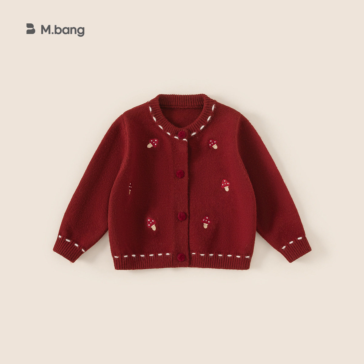 2025过年喜庆宝宝衣服刺绣蘑菇儿童开衫冬款保暖女童毛衣外套