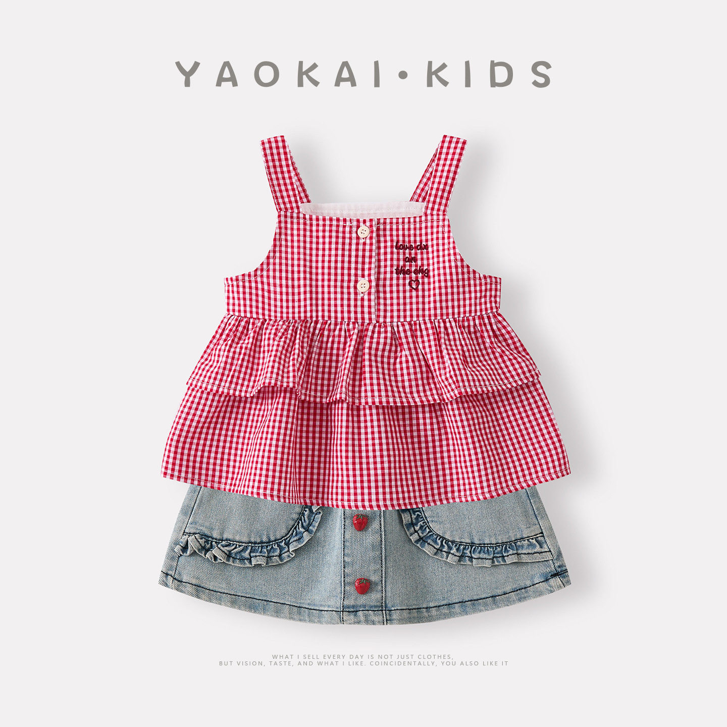 婴幼儿夏季新款甜美格子拼接吊带背心女宝宝牛仔短裙洋气童装