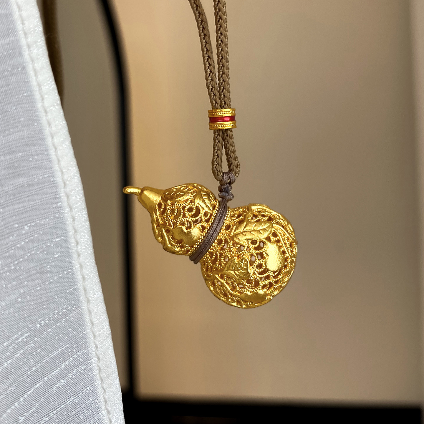 倪妮同款镂空花丝葫芦编织绳项链老铺黄金店同款古法手工24K沙金