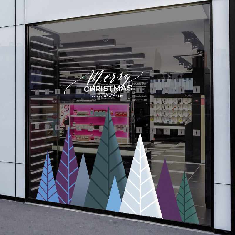 创意几何造型简约圣诞树装饰玻璃贴酒吧餐厅商场轻奢新年橱窗贴纸