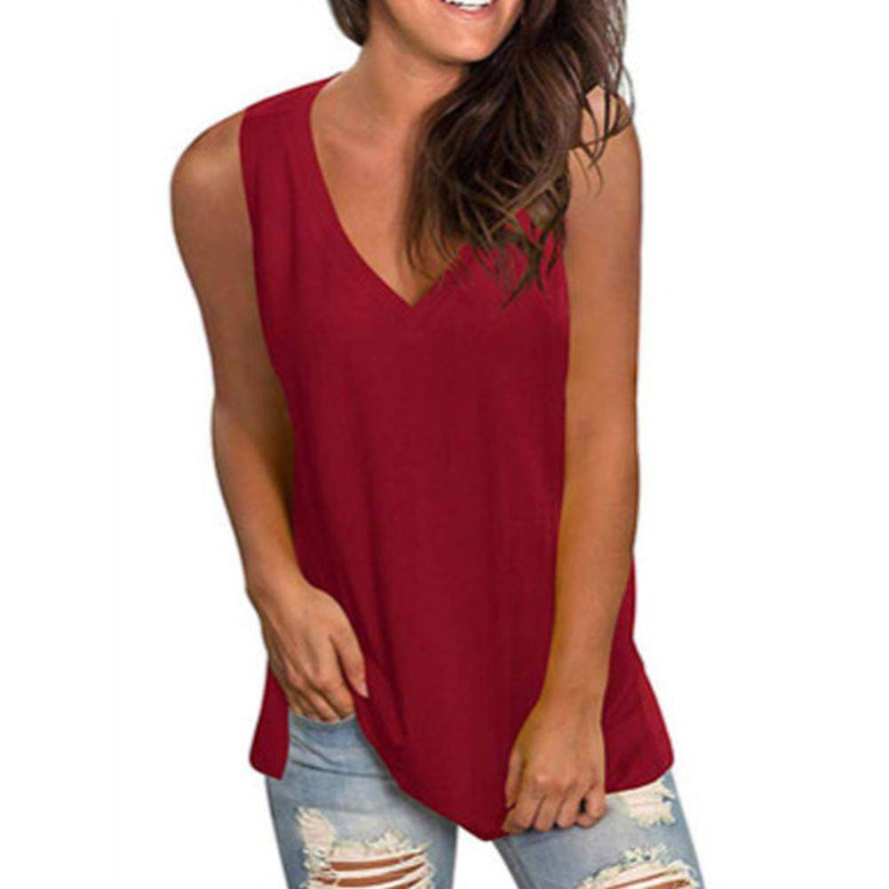 Solid color loose V-neck sleeveless t-shirt 宽松V领无袖T恤女