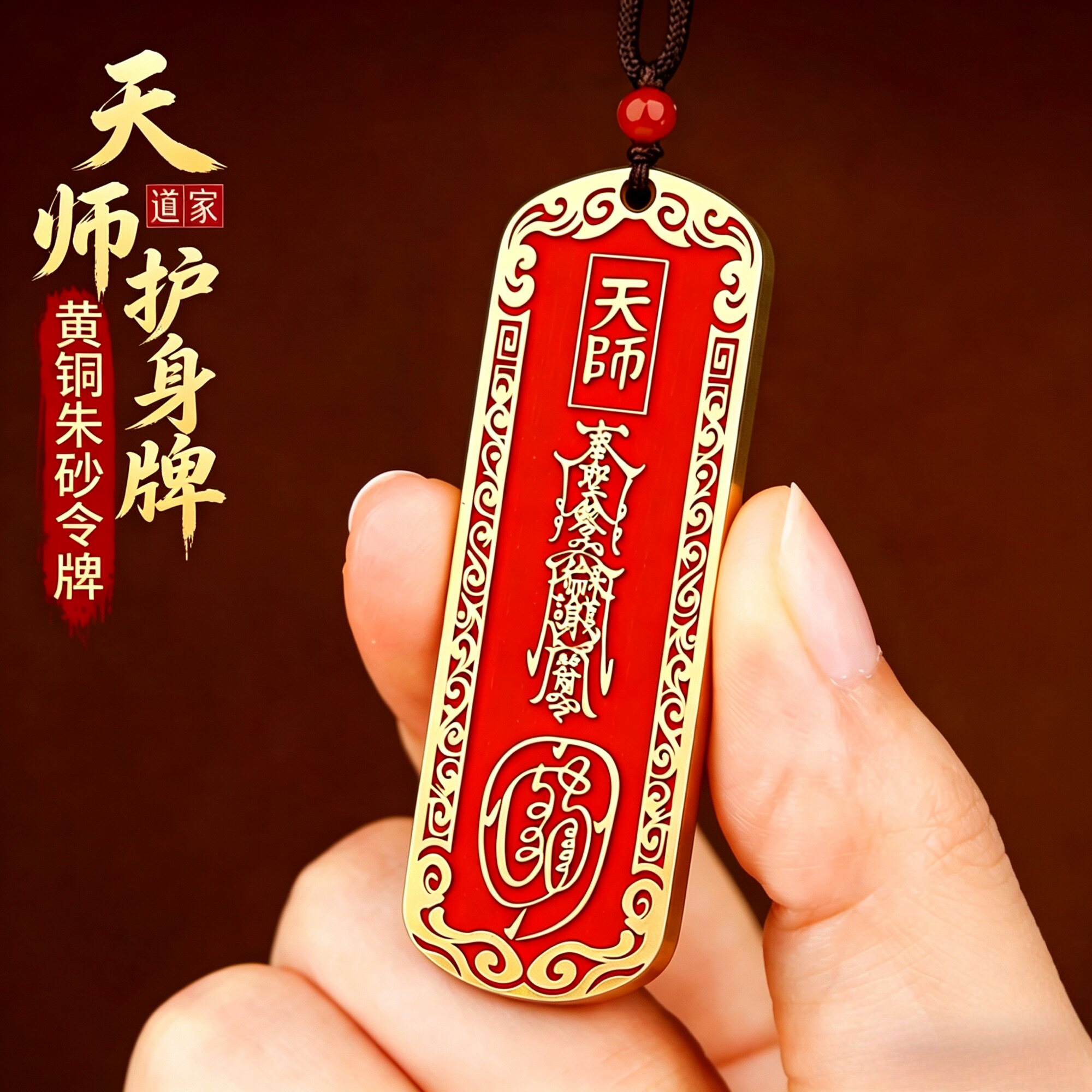 朱砂天师令牌山鬼挂件真品纯铜挂饰道家八卦铜钱平安扣吊坠护身符