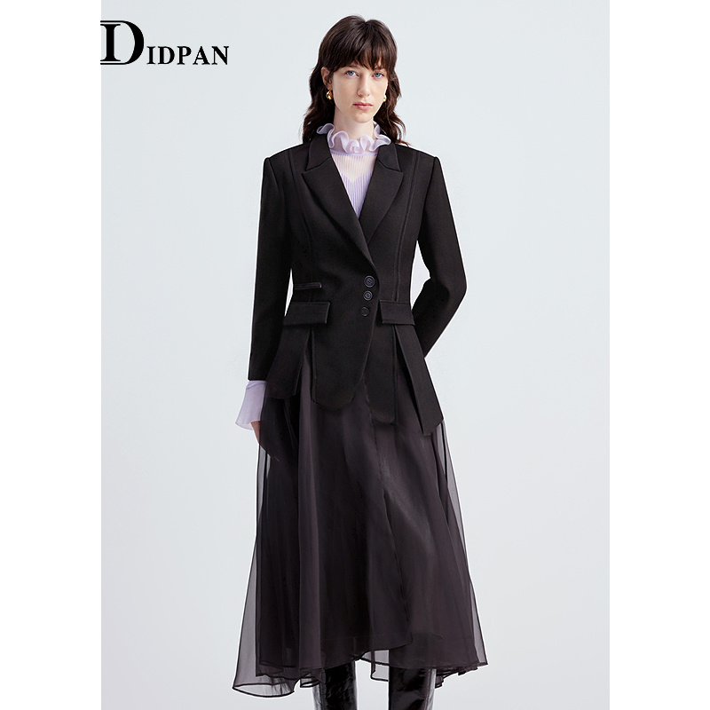 IDPAN个性拼接网纱羊毛大衣修身收腰西装毛呢外套2025冬季新款