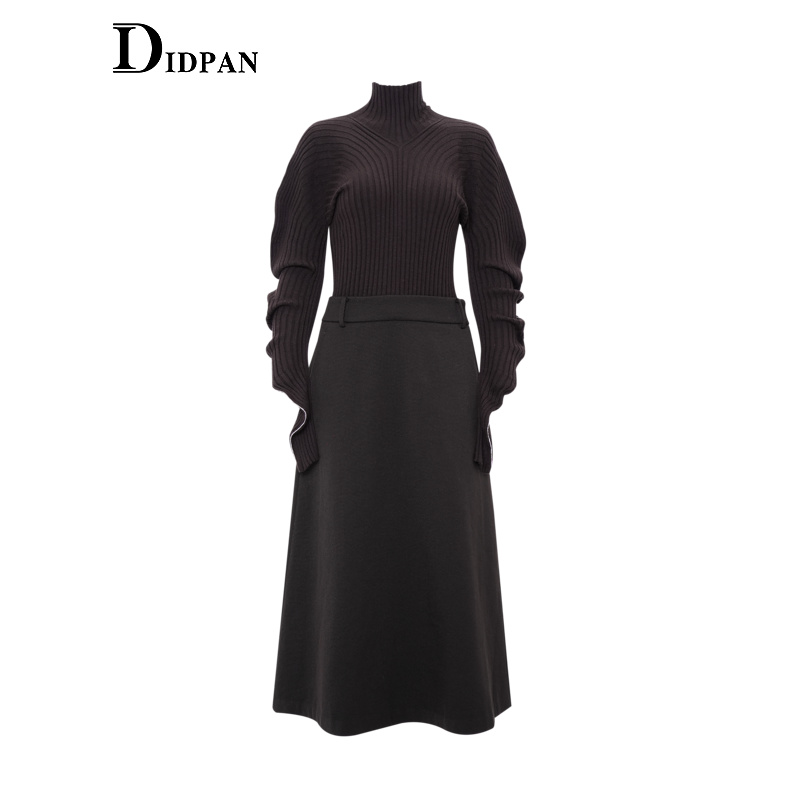 IDPAN长袖针织连衣裙冬季新款肌理感羊毛垂感端庄大气长裙女