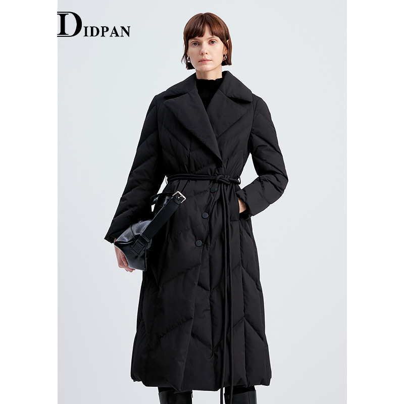 IDPAN西装领长款羽绒服黑色极简高智感利落显瘦外套2025冬季新款
