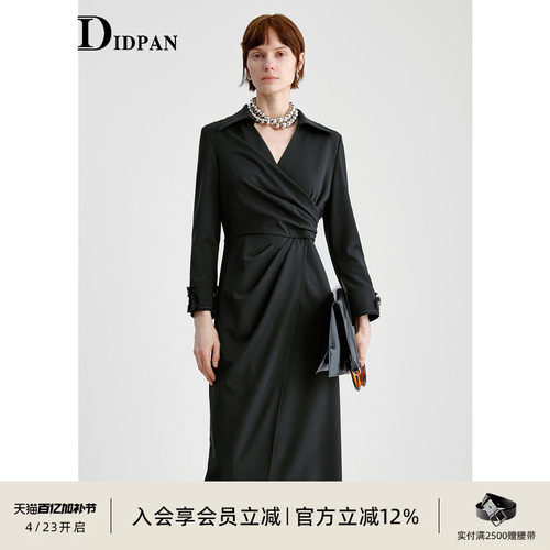 IDPAN黑色收腰连衣裙v领春季新款通勤精致干练围裹式显瘦衬衫裙