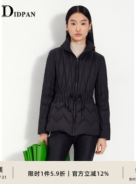 IDPAN女装时尚百搭通勤冬季新款抽绳收腰设计立领短款黑色羽绒服