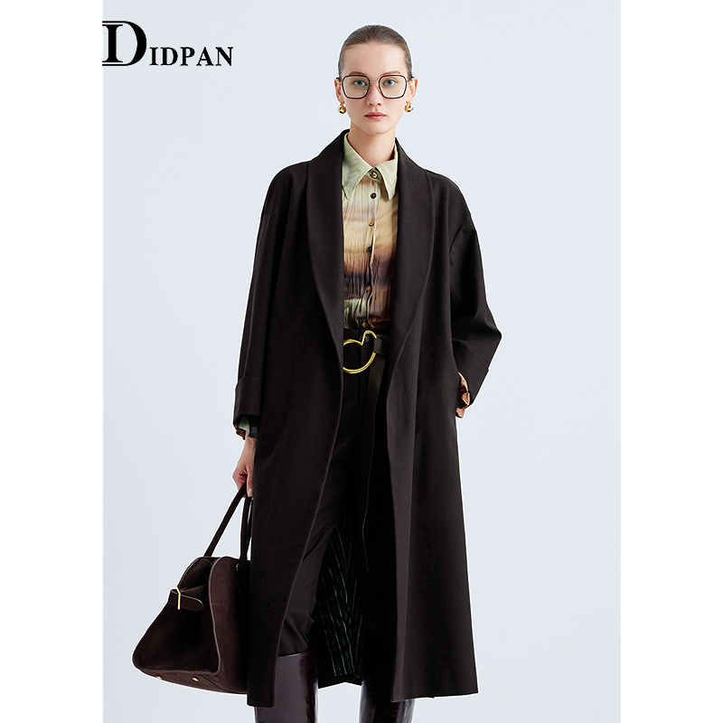 IDPAN都市慵懒风大衣复古青果领通勤宽松长款外套2025秋季新款