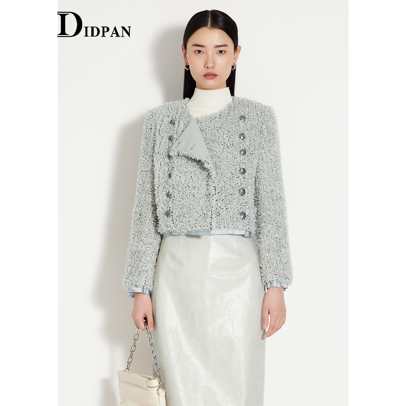 IDPAN女装冬季新款时尚复古精致通勤显高圆领肌理感短外套