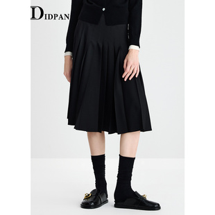 IDPAN女装百褶裙冬季新款时尚减龄简约百搭通勤a字黑色半身裙