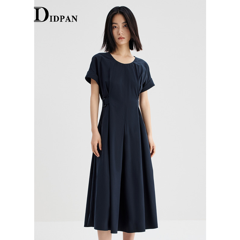 IDPAN女装垂感大摆短袖连衣裙夏季新款收腰气质百搭通勤裙子