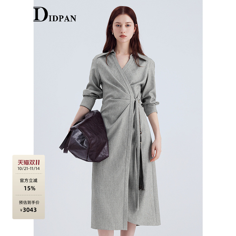 IDPAN长袖连衣裙2025季新款时尚气质收腰灰色围裹式裙子女