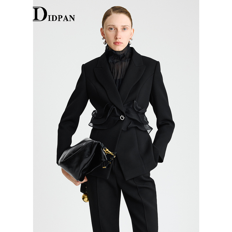 IDPAN西装冬季新款艺术感收腰欧根纱装饰浪漫黑色西服外套女