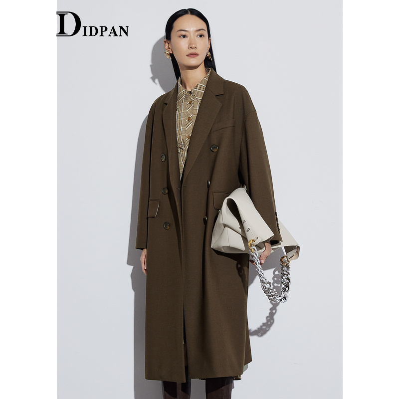 IDPAN通勤口袋双排扣长款长外套