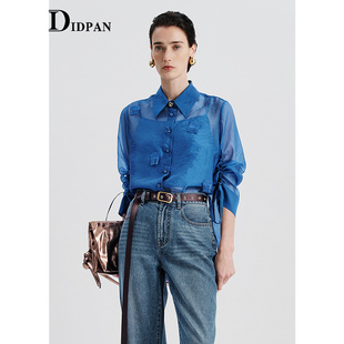 衬衣水母绣花宝蓝色薄纱上衣 长袖 IDPAN衬衫 女2025夏新款