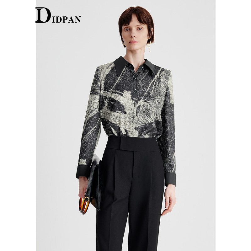 IDPAN长袖衬衣秋季新款时尚通勤高级感印花时尚女装品牌上衣