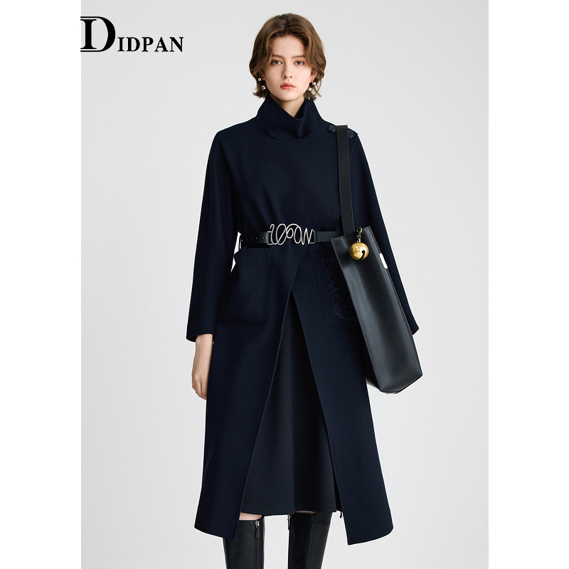 IDPAN针织羊毛长大衣冬季新款连肩袖设计感气质高领直筒外套